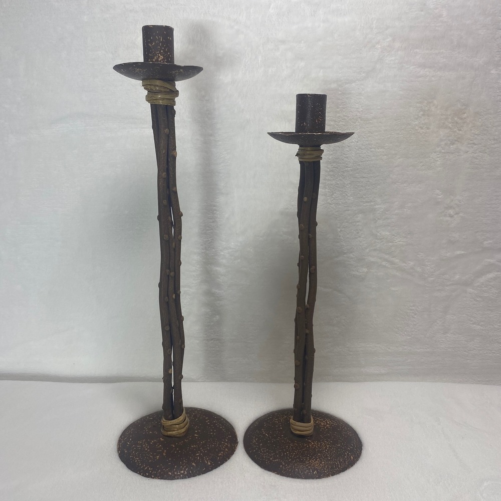 Tall Rustic Candleticks Branch Twig Design Cast Metal Table Centerpiece Farm